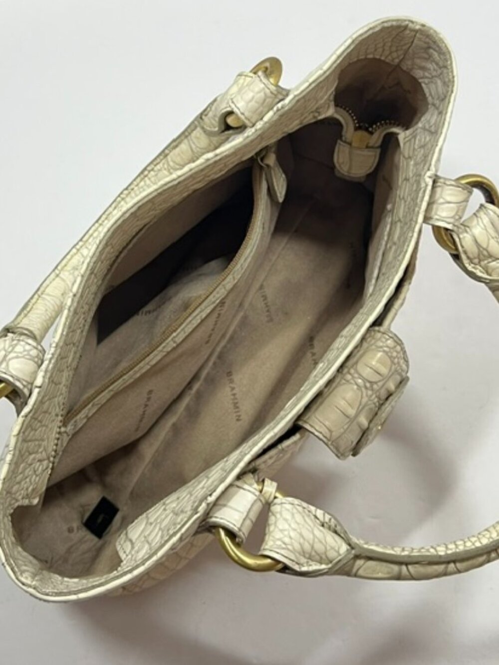 Brahmin Melbourne Croc-Embossed Leather Satchel Vanilla Beige w/Gold Hardware - Picture 9 of 13